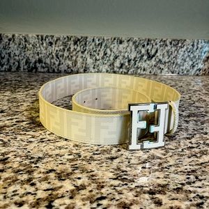 RARE Mens Fendi Zucca-print canvas belt, white enamel FF buckle